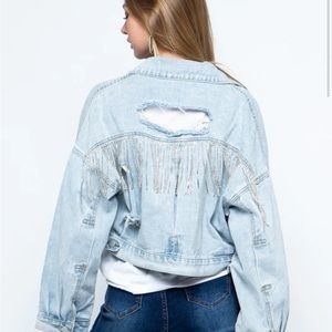 BLUE B FRINGE RHINESTONE DISTRESSED DENIM JACKET